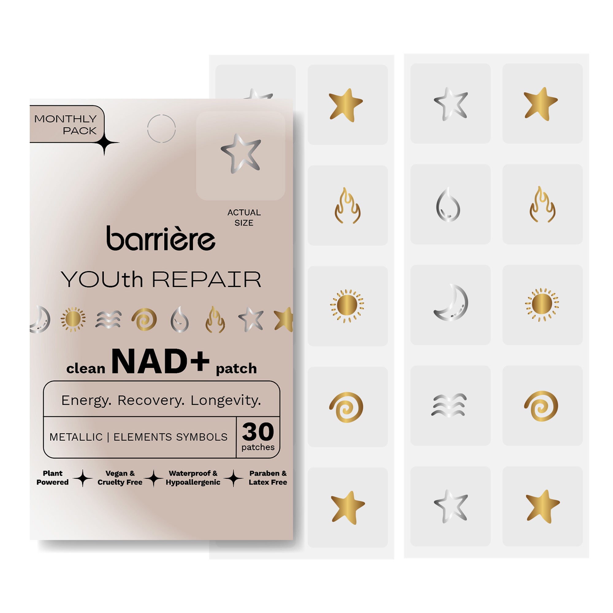 Barriere Youth Repair clean NAD+ patch packaging with metallic elements symbols on a white background