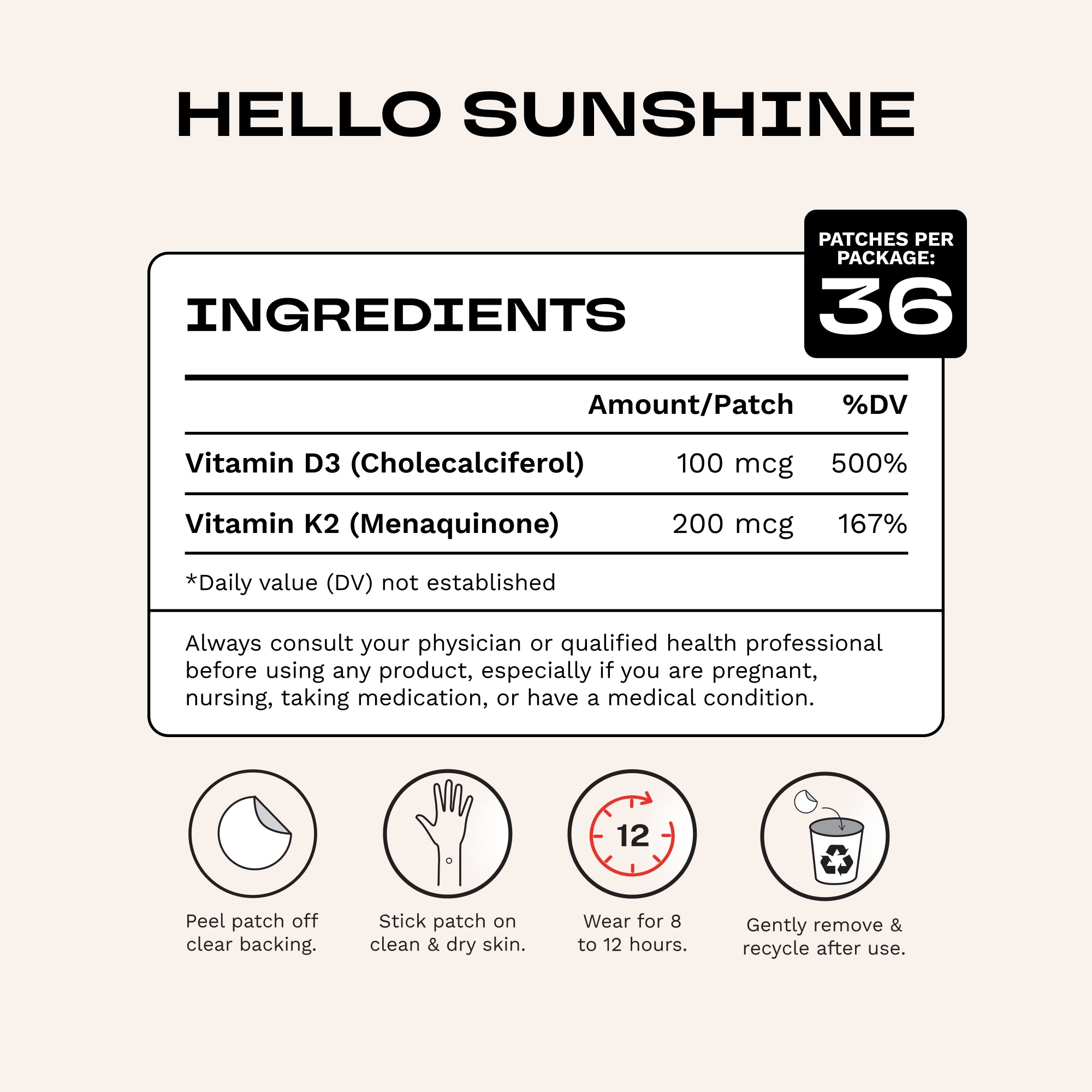A product information card for 'HELLO SUNSHINE' patches showing the ingredients list, patch count of 36, and usage instructions on a light beige background.