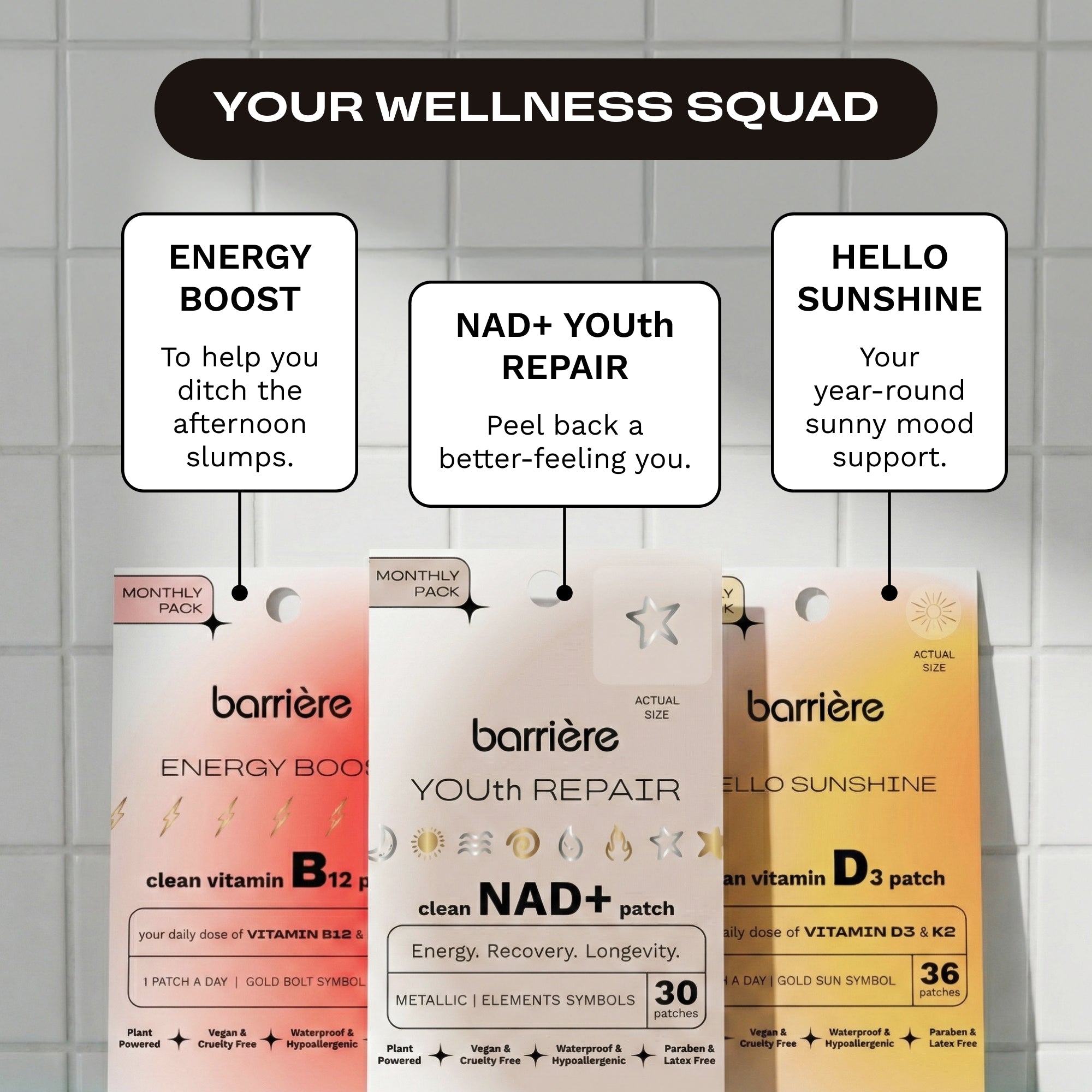 Image of NAD, Energy Boost and Hello Sunshine packaging with ingredient call outs in black and white and header text your wellness squad.