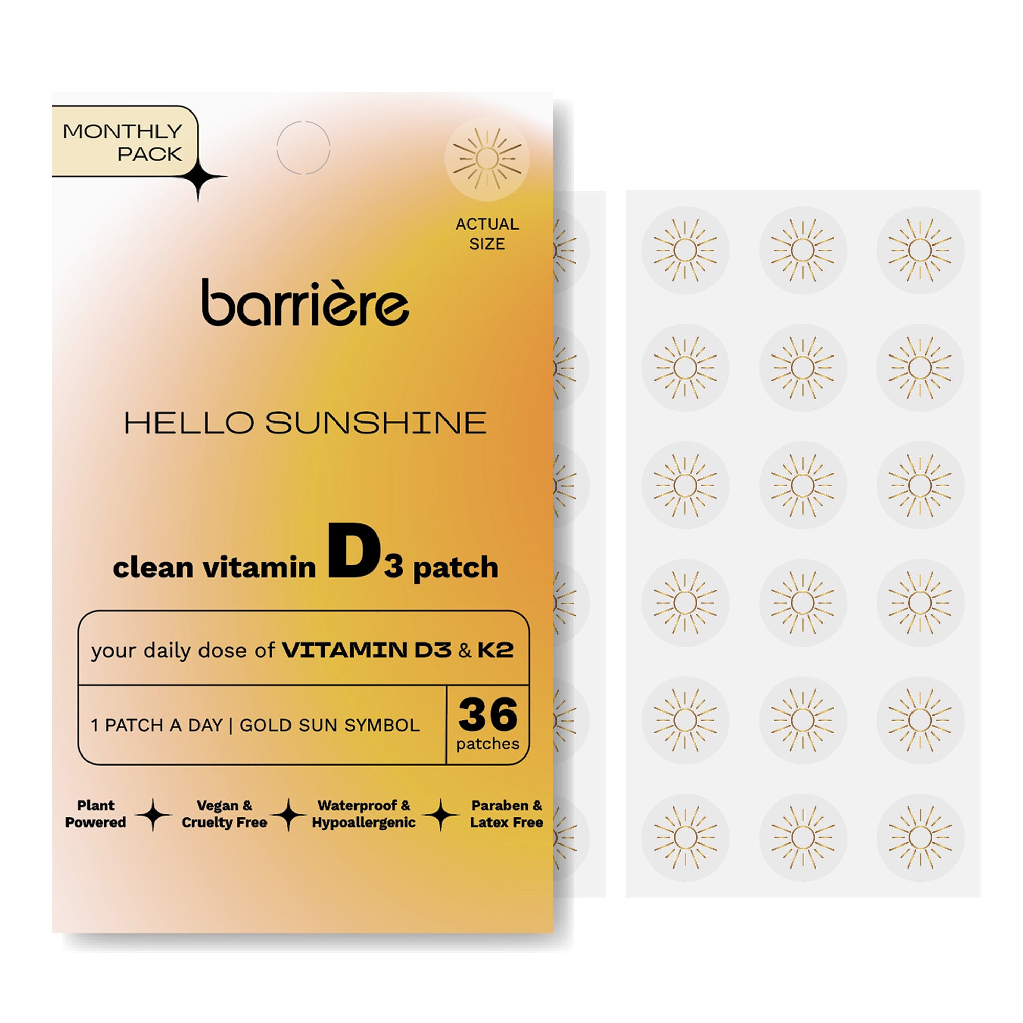 Barriere vitamin D3 patch packaging with sun symbol design on a white background