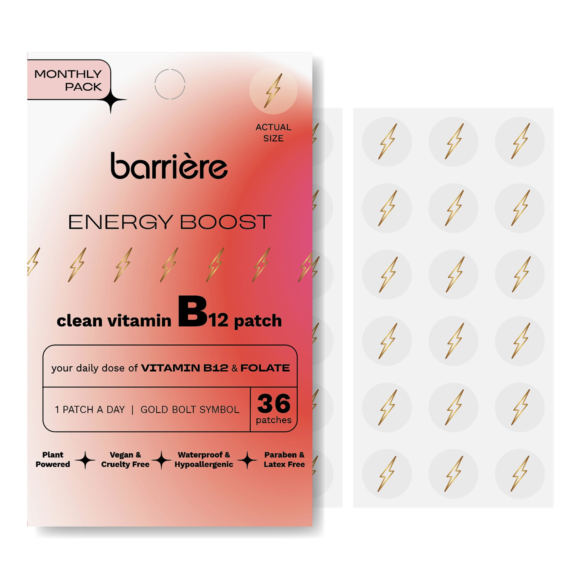 Barriere Energy Boost clean vitamin B12 patch packaging with 36 patches on a white background