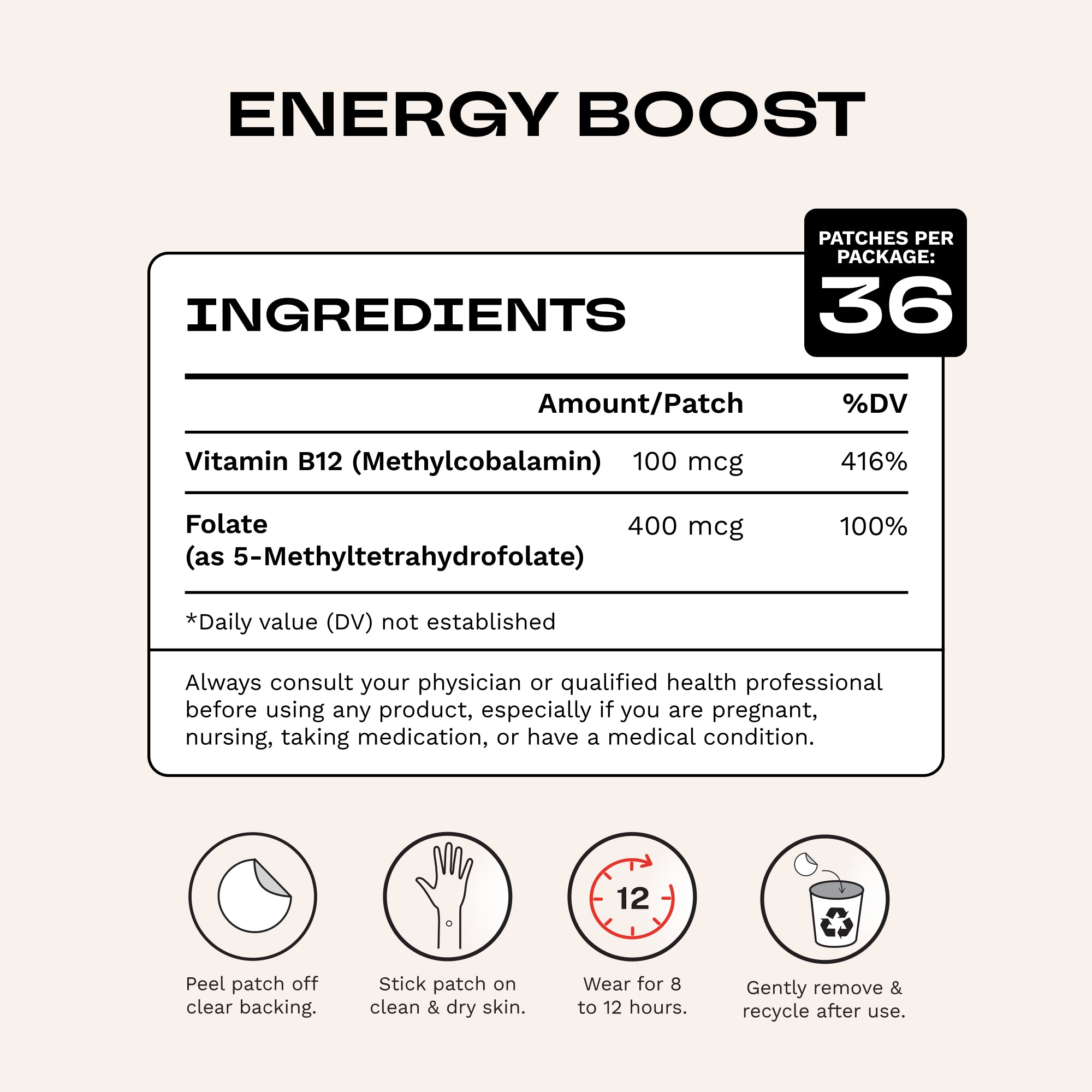 A product information card for a skin patch showing the ingredients list with Vitamin B12 and Folate, plus four usage icons at the bottom. The card has a black border on a warm beige background, with text reading 'Gold Bolt & Icon Prints' and a black patch-per-package badge indicating 36 patches.