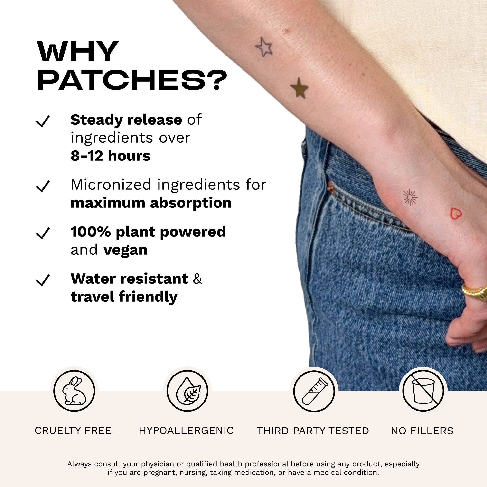 Promotional graphic for skin patches showing a cropped person's torso and arm with several small applied patches on the skin, alongside text listing benefits such as steady release over 8-12 hours, micronized ingredients, plant-powered and vegan, and water resistant and travel friendly. Icons at the bottom mention cruelty free, hypoallergenic, third party tested, and no fillers.