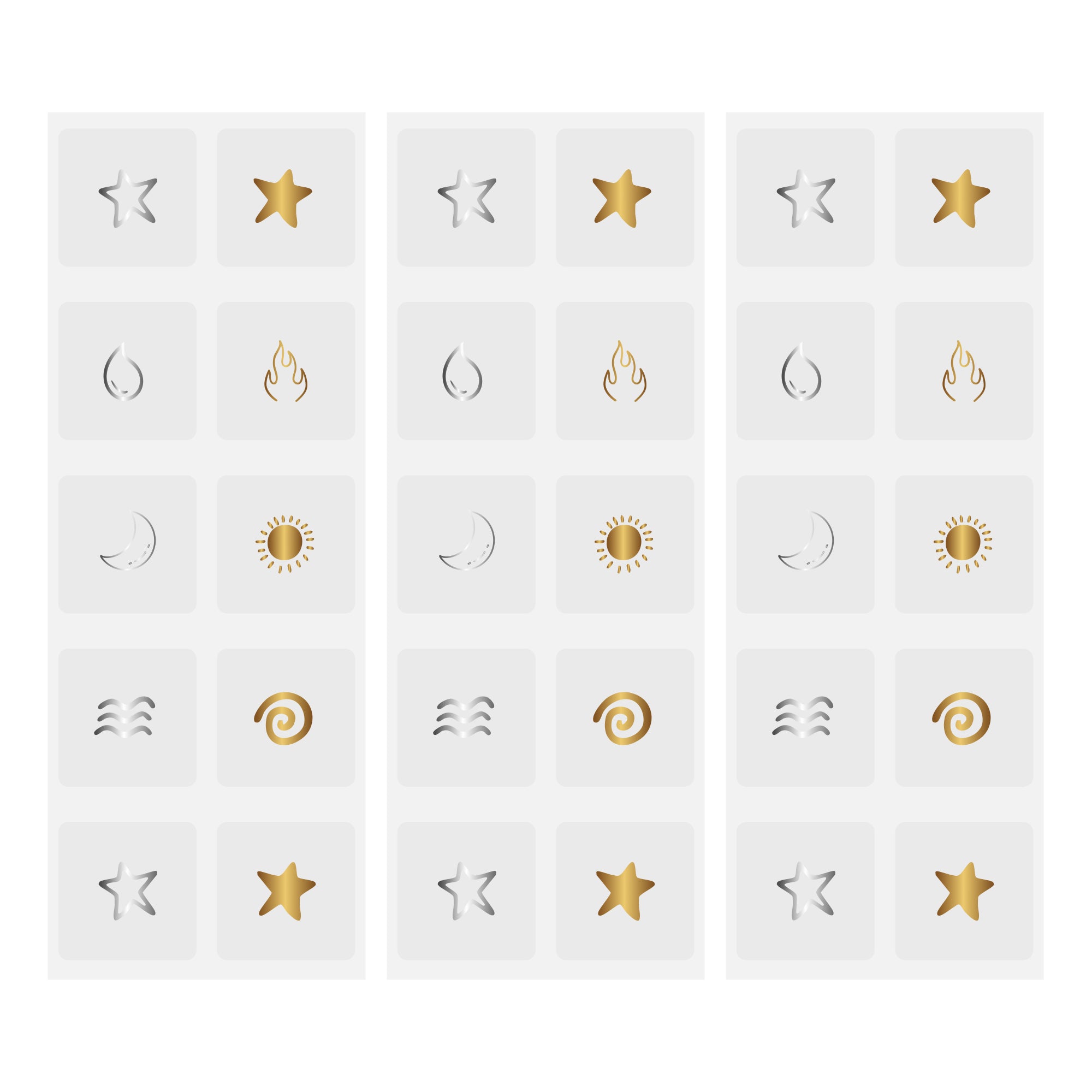 Set of gold and silver astrological symbol patches on a white background