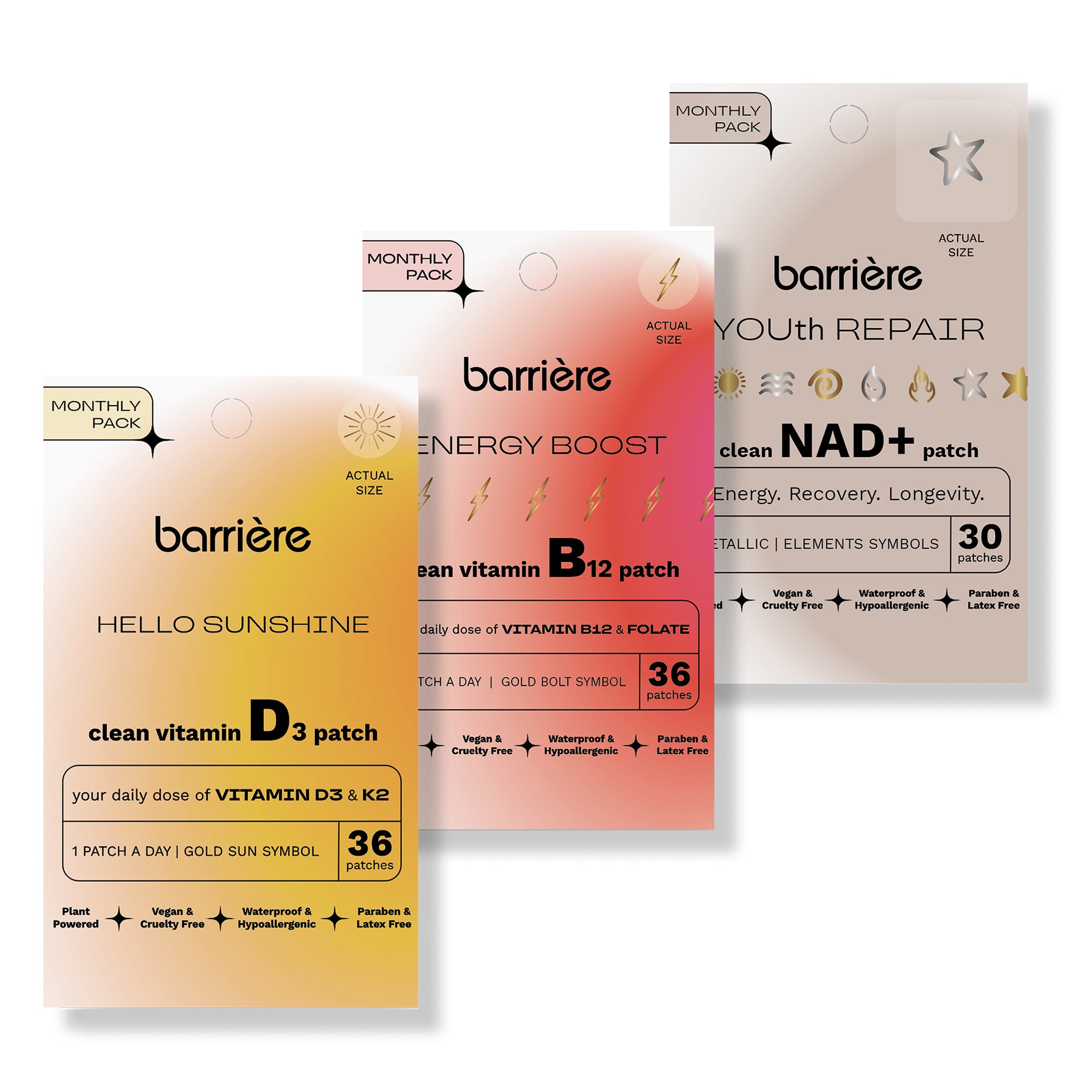 Collection of Barriere patches with different colored packaging on a white background
